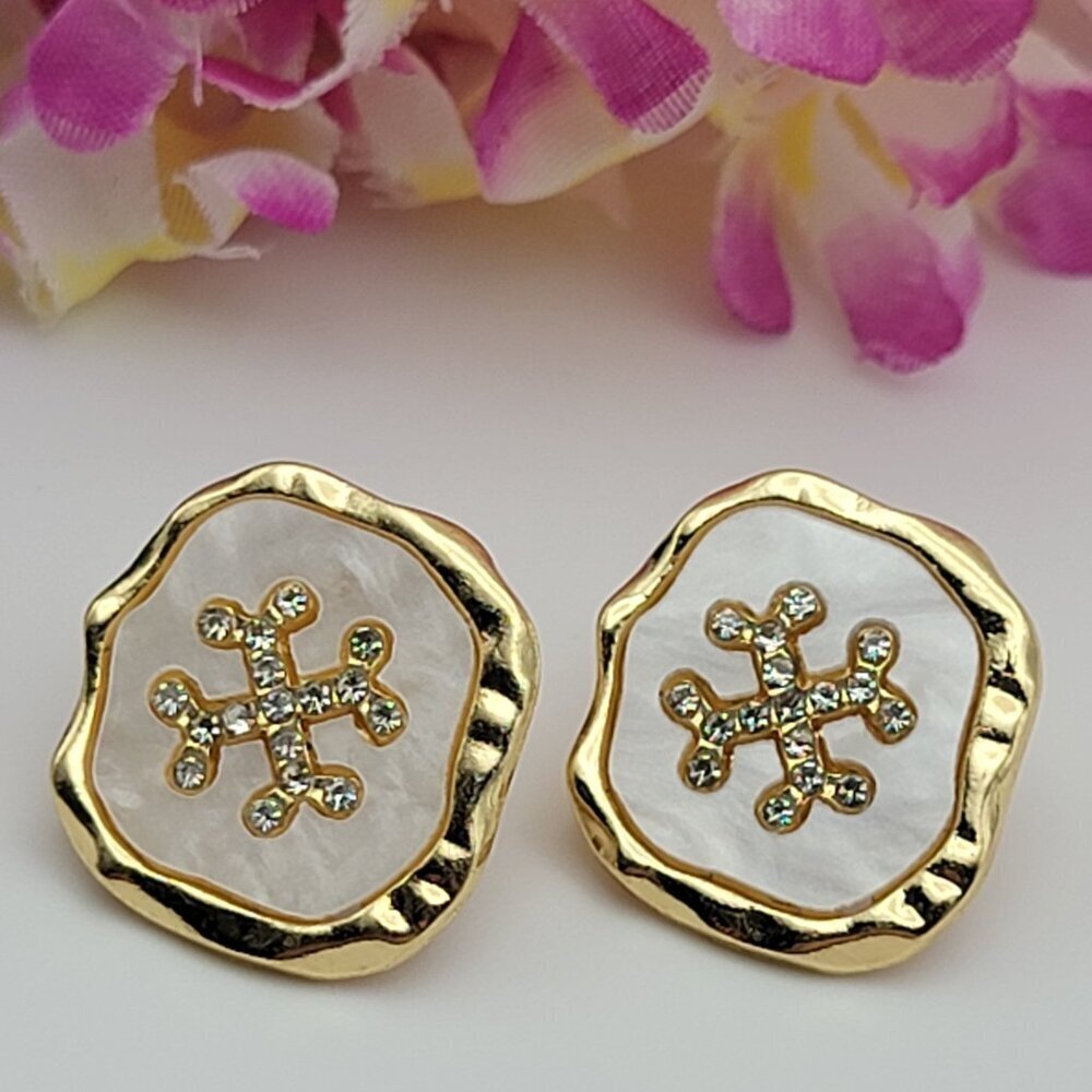 Rhinestone Snowflake Stud Earrings Gold Plated Sterling Silver Pierced 0.75"